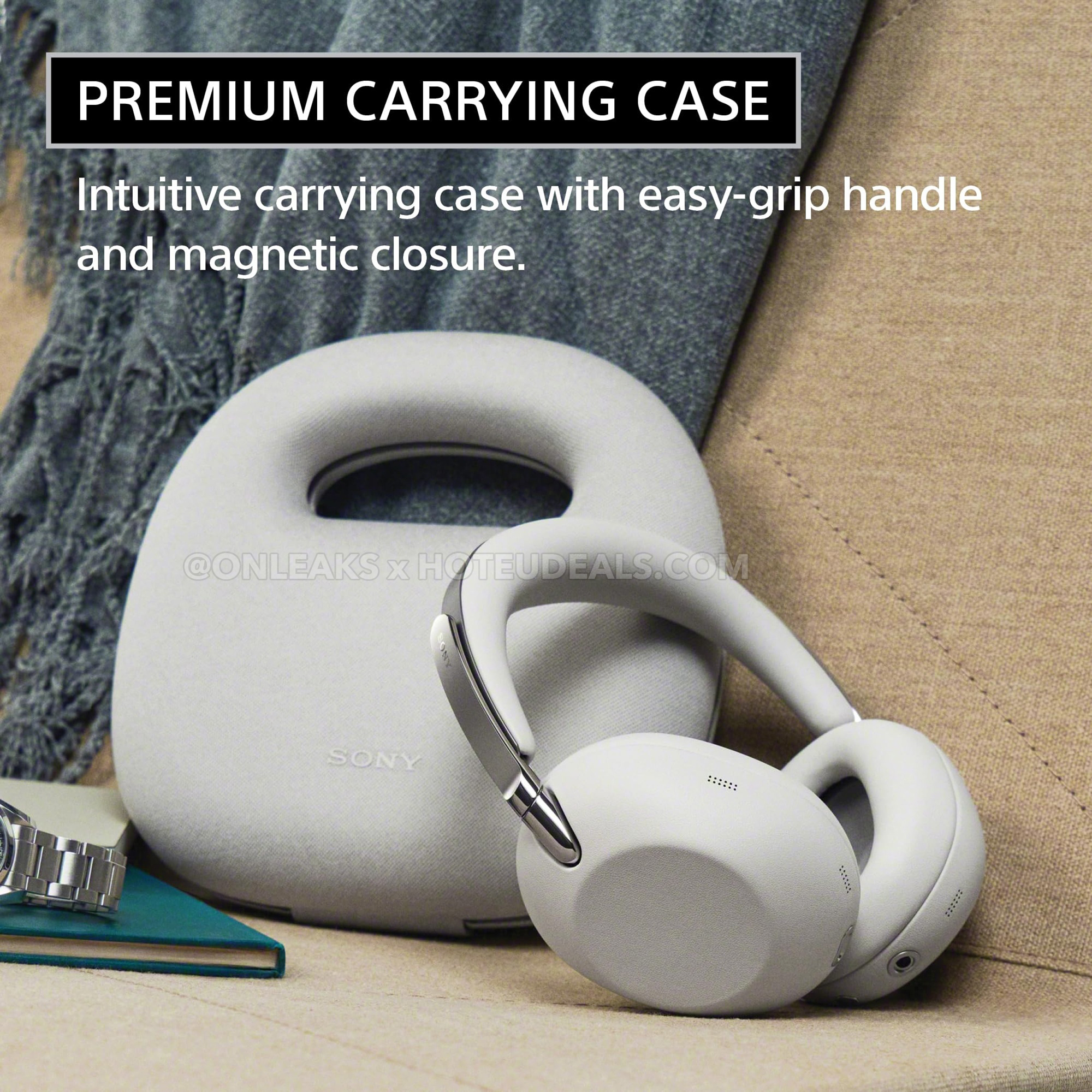 Sony 1000X The ColleXion — premium carrying case lifestyle shot with the white headphones and case on a couch