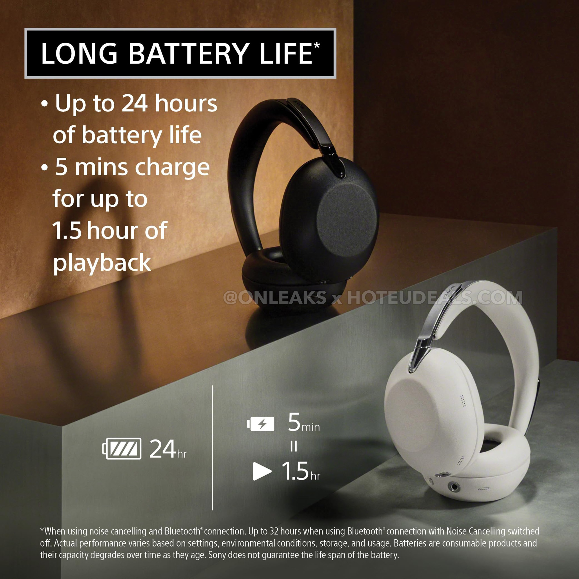 Sony’s split-lit dual-colourway marketing shot showing both Black and Platinum, with battery-life specs